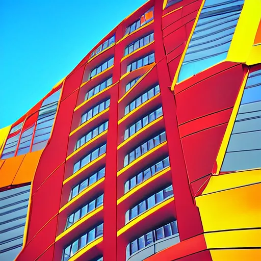Prompt: red - yellow - blue building, skyscraper shaped like rocket ship, aquamarine windows, megatall building, colorful building, cel - shading, cel - shaded