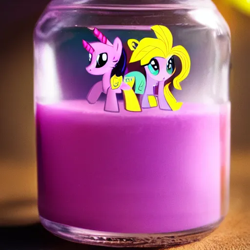 Image similar to a my little pony figure in a jar covered in a mysterious sticky yellowish fluid