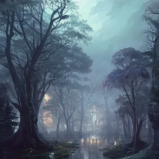 Image similar to a hidden village in the trees, victorian setting, dramatic light, clouds, moon, storm, night, high detail, fantasy background, painted by greg rutkowski, digital art, trending on artstation