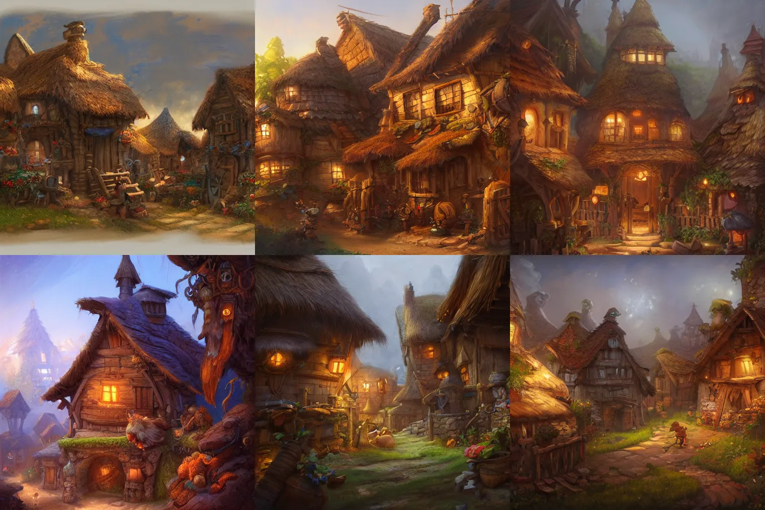 Prompt: Village, concept art by Justin Gerard, highly detailed, ultra detailed, ultra realistic, trending on artstation