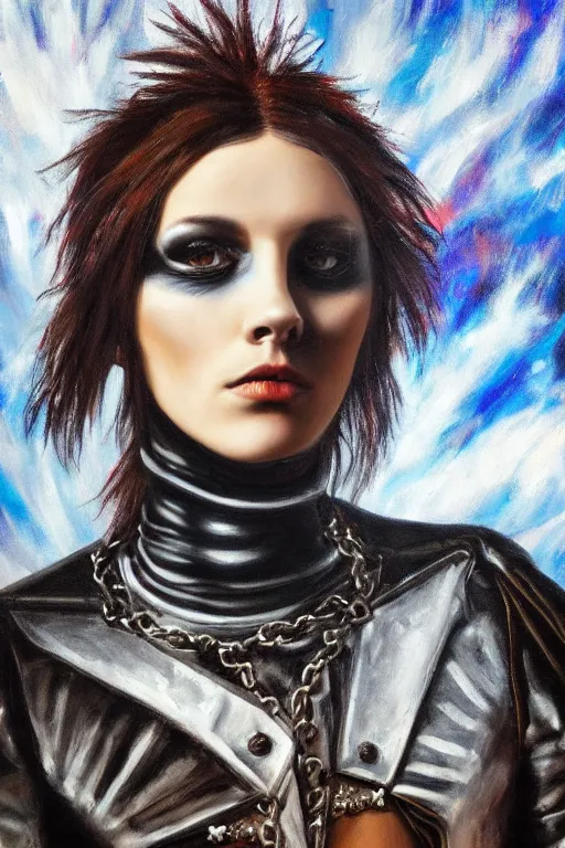 Image similar to hyperrealism oil painting, close - up portrait of punk gothic medieval brunette fashion model, knight, steel gradient mixed with nebula sky, in style of baroque