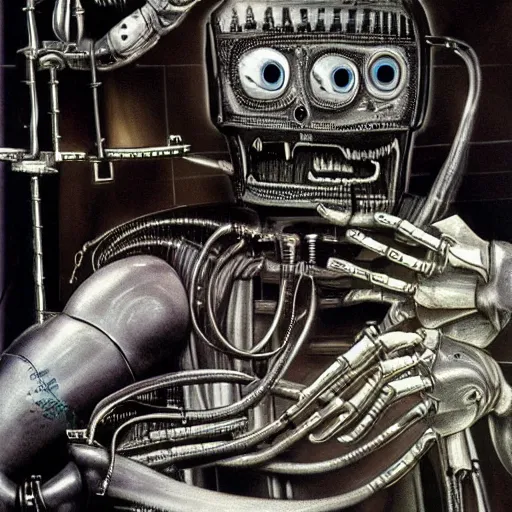 Image similar to a robot with a creepy smile laying on a surgeon's table performing an operation on itself, metal, intricate, by h. r. giger