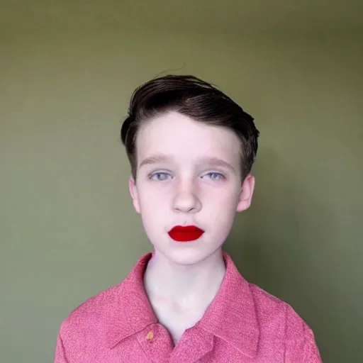 Image similar to 1 0 year old boy with big red lips, pink face, thin eyebrows, puffy cheeks, low quality, selfie