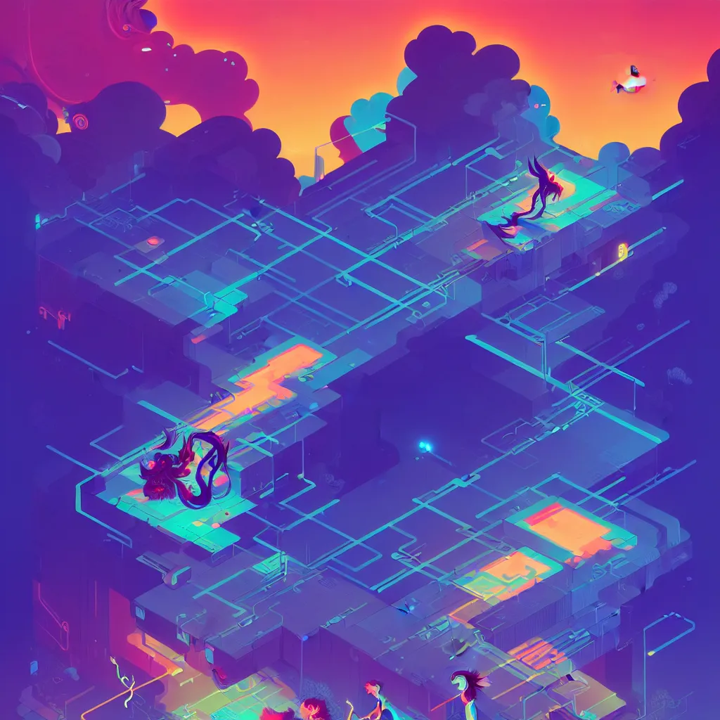 Prompt: a micro-service deployed to a datacenter, road, connector, defence, wall, cloud, security, cyber, attack vector, trending on Artstation, illustration by Jules Julien, Leslie David and Lisa Frank and Peter Mohrbacher and Alena Aenami and Dave LaChapelle muted colors with minimalism