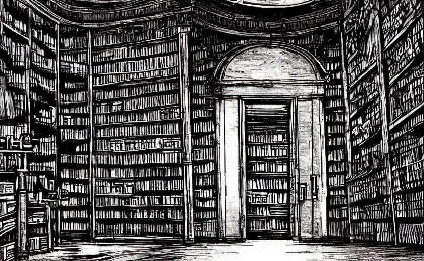 Prompt: a gigantic monster stands in a library. art in the style of house of the dead ps 1 game. lonely, liminal.