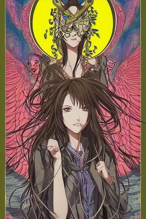 Image similar to makise kurisu, intricate, amazing line work, colorful, tarot cards, the devil tarot card