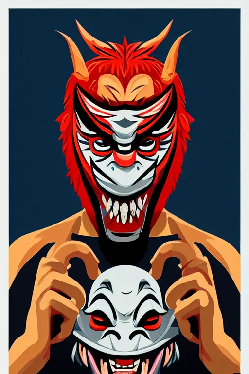 Image similar to guy wearing oni mask and bring skateboard. pop art, no duplicate image, without duplicating image, ultra details, digital painting, artstation, concept art, smooth, sharp focus, illustration, intricate details, art by richard hamilton and mimmo rottela, pixels art by kirokaze and paul robertson