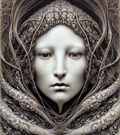 Image similar to detailed realistic porcelain beautiful moon goddess face portrait by jean delville, gustave dore, iris van herpen and marco mazzoni, art forms of nature by ernst haeckel, art nouveau, symbolist, visionary, gothic, neo - gothic, pre - raphaelite, fractal lace, intricate alien botanicals, ai biodiversity, surreality, hyperdetailed ultrasharp octane render