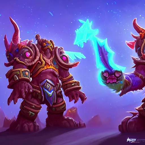 Image similar to cute creatures. blizzard warcraft creatures, epic background, bright art masterpiece artstation. 8k, sharp high quality illustration in style of Jose Daniel Cabrera Pena and Leonid Kozienko, magical colored theme, concept art by Tooth Wu, hearthstone card game artwork