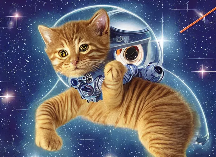 Image similar to coloring book drawing of an astronaut kitten from a musical sparkly digital space opera, Animated film, volumetric lighting, octane render, directed by wes anderson, Vladimir kush, m.c Escher