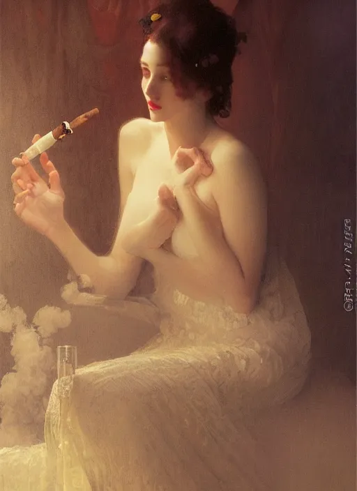 Image similar to a romantic photo of a woman in a dark room wearing lace smoking a cigarette advertisement photography by mucha, nick alm, norman rockwell, greg rutkowski, greg manchess, fashion model, candlelight, pagan, extremely coherent, sharp focus, elegant, sharp features, render, octane, detailed, award winning photography, masterpiece, rim lit