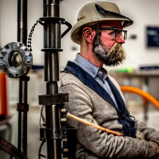 Image similar to A random pointless contraption industrial appliance pneumatic steampunk machine with no apparent purpose, being operated by a scholarly looking man with a clear directed gaze, XF IQ4, f/1.4, ISO 200, 1/160s, 8K, RAW, unedited, symmetrical balance, in-frame