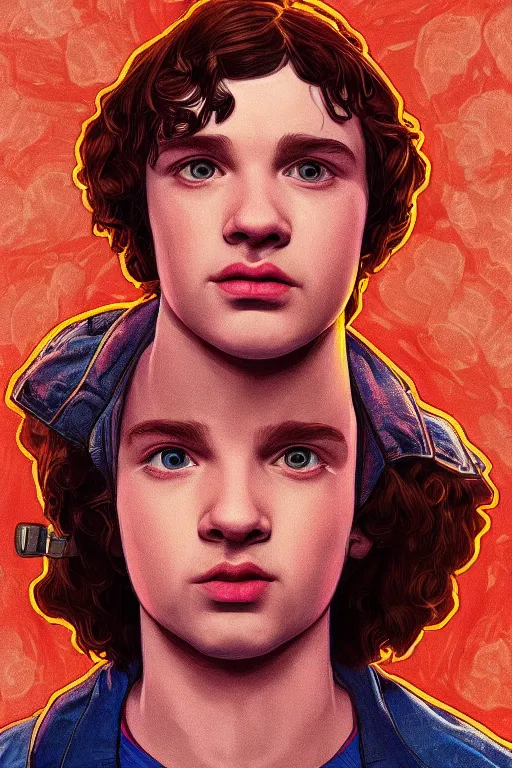 Image similar to portrait of eddie munson from season 4 of stranger things, 8k, rich vivid colors, cinematic lighting, digital art, illustration, french noveau, alphonse mucha, artstation