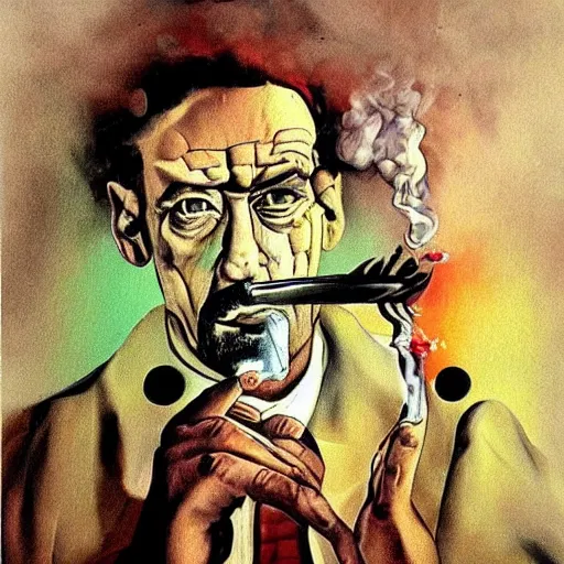 Prompt: salvador dali style art of hank from breaking bad smoking meth