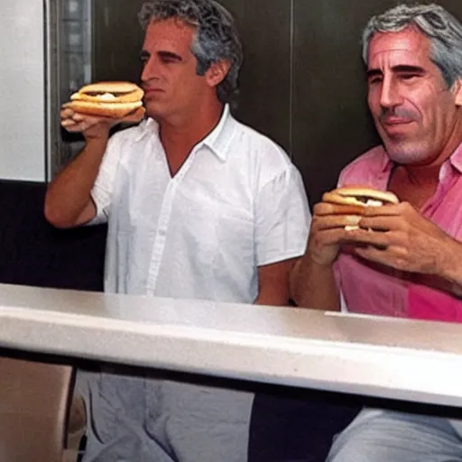 Image similar to jeffrey epstein and fat al eating a hamburger at mcdonalds