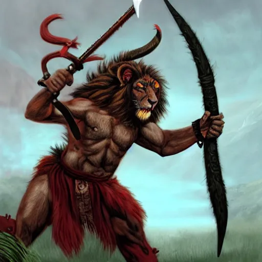 Prompt: a tiefling lion - man barbarian with horns, black fur and red eyes, wielding a greatsword, high quality digital painting by larry elmore and jeff easley