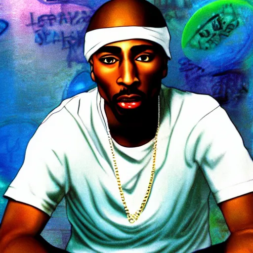 Image similar to Tupac Shakur, screenshot from a 2012s anime