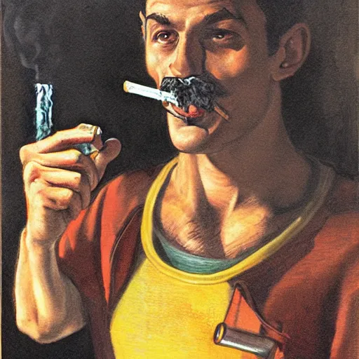 Image similar to Luigi smoking joint, artwork by Earl Norem,