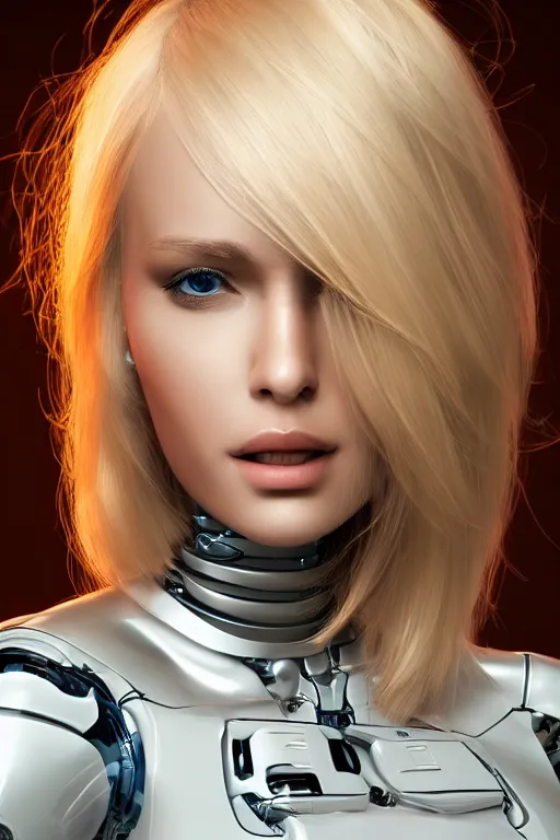 Image similar to a beautiful woman with blonde hair wearing robot suit with wires and light, highly detailed, photorealistic, artstation, smooth