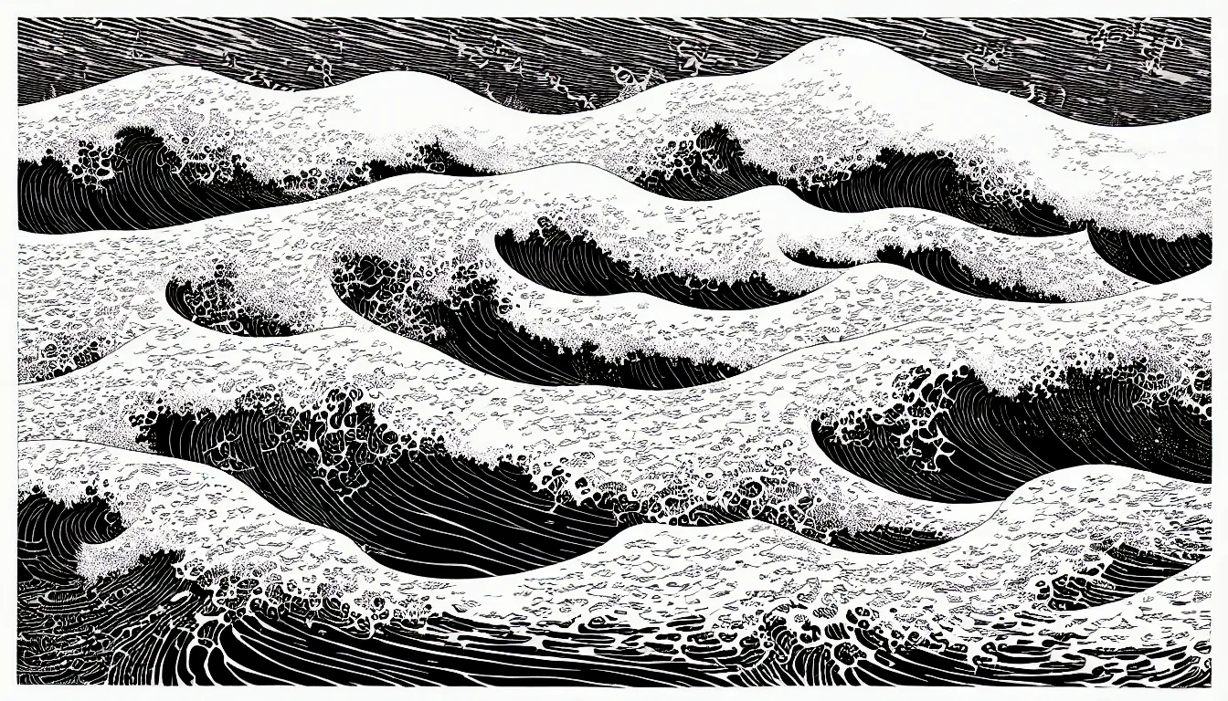 Prompt: waves visible from the beach by woodblock print, nicolas delort, moebius, victo ngai, josan gonzalez, kilian eng