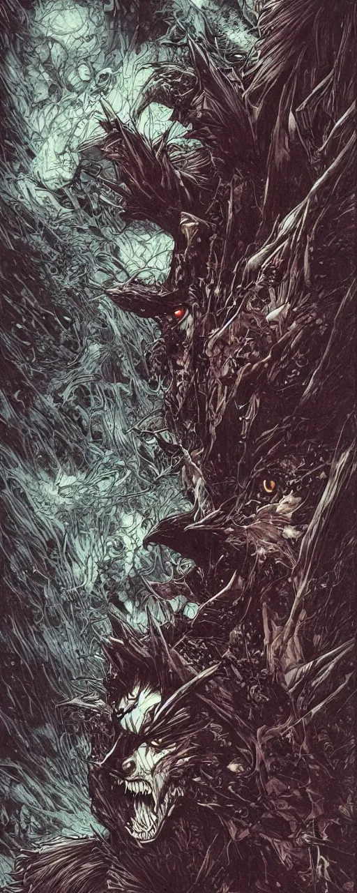 Image similar to wolf man vampire mad, inside a frame on a tiled wall, frontal picture, by yoichi hatakenaka, masamune shirow, josan gonzales and dan mumford, ayami kojima, takato yamamoto, karol bak