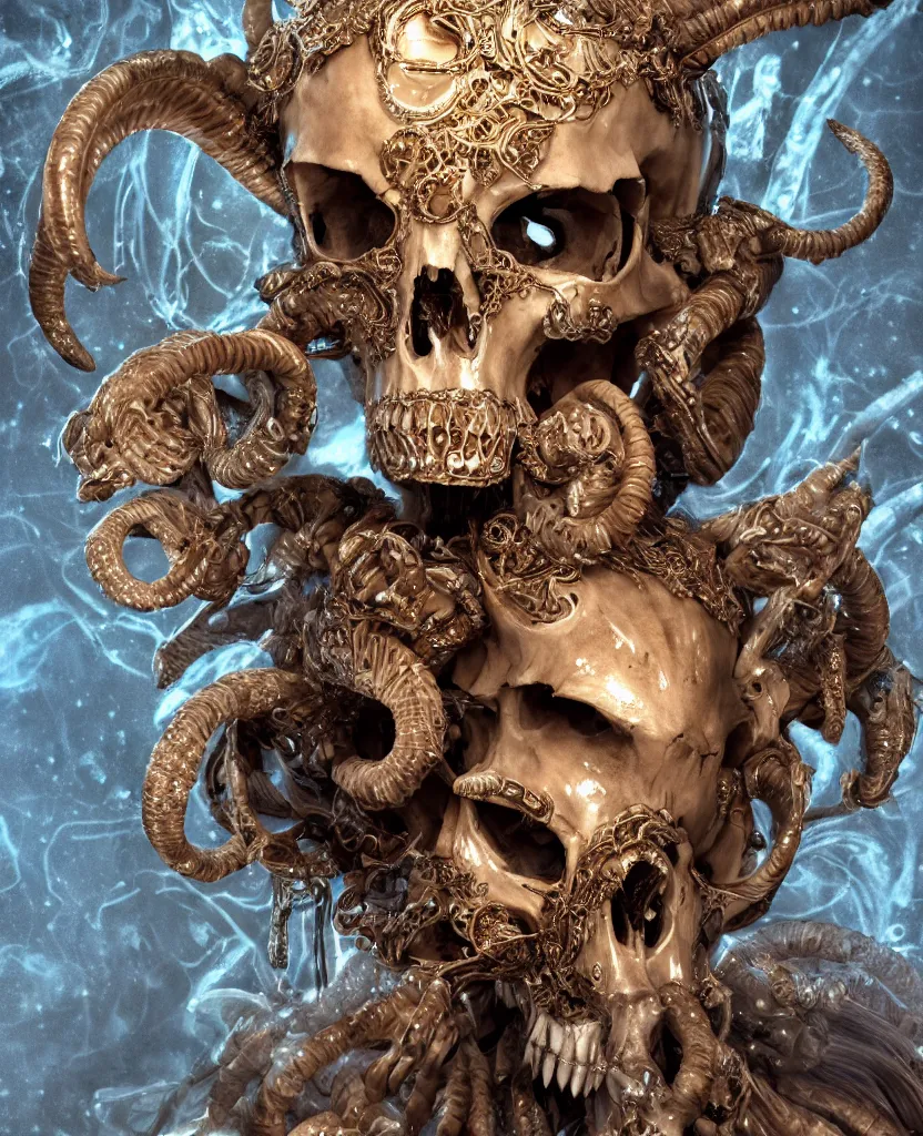Image similar to close-up macro portrait of the face of a beautiful princess with ram animal skull mask, epic angle and pose, ribcage skeleton symmetrical artwork, 3d with depth of field, blurred background, cybernetic jellyfish female face phoenix bird, translucent, nautilus, energy flows of water and fire. a highly detailed epic cinematic concept art CG render. made in Maya, Blender and Photoshop, octane render, excellent composition, cinematic dystopian brutalist atmosphere, dynamic dramatic cinematic lighting, aesthetic, very inspirational, arthouse. y Greg Rutkowski, Ilya Kuvshinov, WLOP, Stanley Artgerm Lau, Ruan Jia and Fenghua Zhong