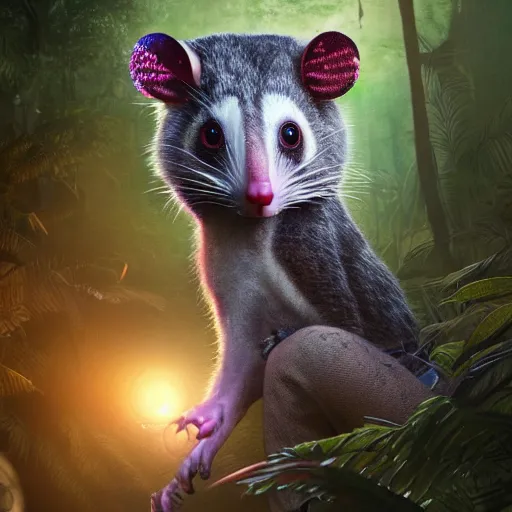 Image similar to highly detailed possum lost in the jungle at night, cyberpunk, digital art, hyperrealistik 8k