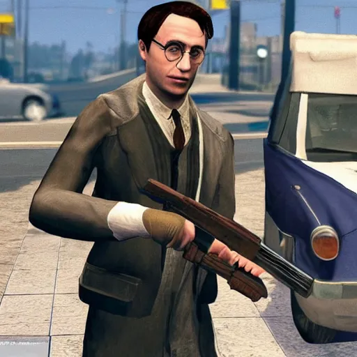 Prompt: harry potter robbing a bank, holding rifle in style of gta v grand theft auto