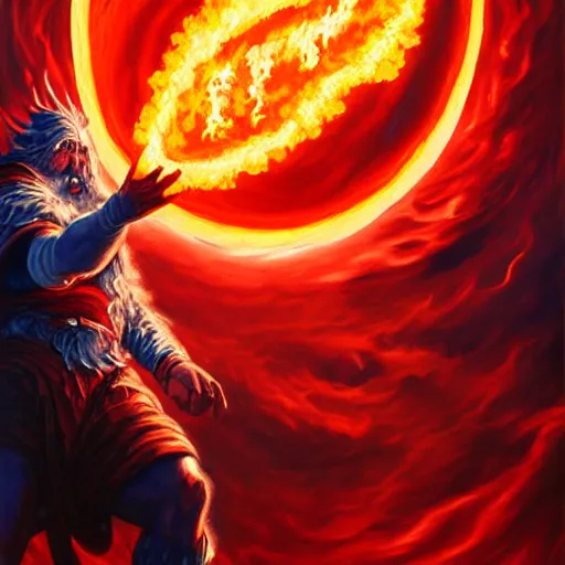 Image similar to Highly detailed oil painting, concept art, of a wizard casting a fireball spell, fighting against a huge ice giant, red and blue color scheme, concept art, highly detailed.