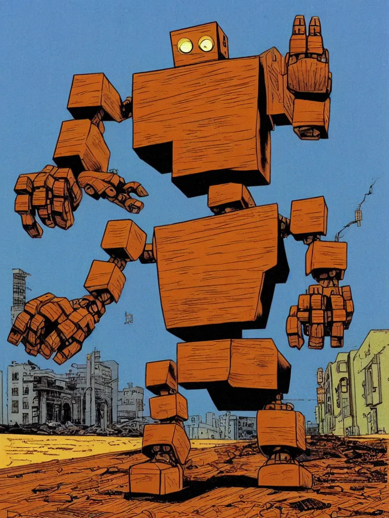 Image similar to an individual Giant wooden robot walking down the street, a crushed car is under the robot’s foot by Richard Corben