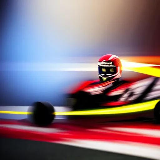 Prompt: go - kart racer taking a corner at speed on a race track, motion blur, laser, smoke, debris, fast movement, artistic angle, light streaks, dark mood, night time, ultra realistic