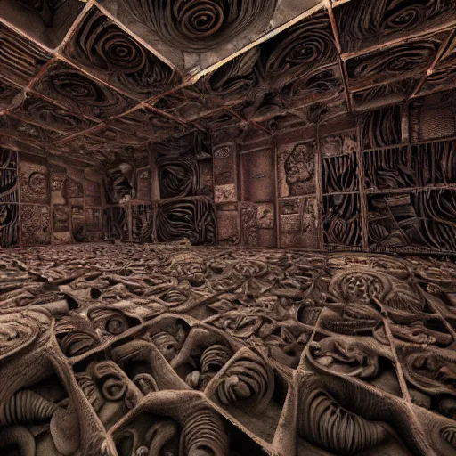 Prompt: a monstrous organic flesh room with intricate folds and grotesque textures, cube shaped room, highly detailed, alien technology, 4 k, 8 k, oil on canvas