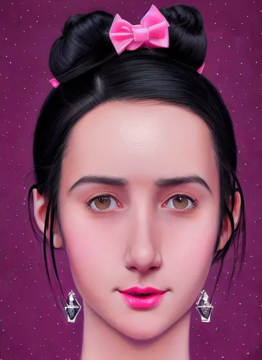 Image similar to portrait of high school girl, realistic, black hair, bangs, half updo hairstyle, pointy nose, skinny, smile, ugly, defined jawline, big chin, pink hair bow, earrings, intricate, elegant, glowing lights, highly detailed, digital painting, artstation, sharp focus, illustration, art by wlop, mars ravelo and greg rutkowski