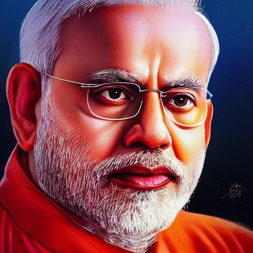 Prompt: hyperrealistic portrait of narendra modi, india flag background, cinematic, complex, glowing, highly atmospheric lighting, backlight, uplight, dramatic, trending on artstation, highly detailed, ornate, claudio bravo, alex grey, greg rutkowski, in the style of marvel comics, artgerm, frank bairstow, james cameron, ridley scott, imax quality, 8 k