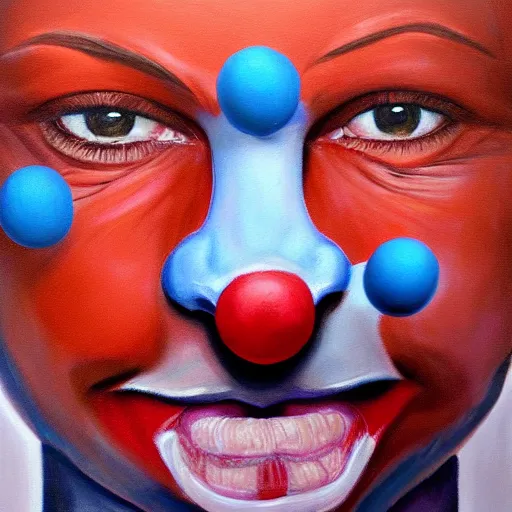 Prompt: A realistic painting of a human face, with a blue mouth, red nose, orange eyes, purple ears.