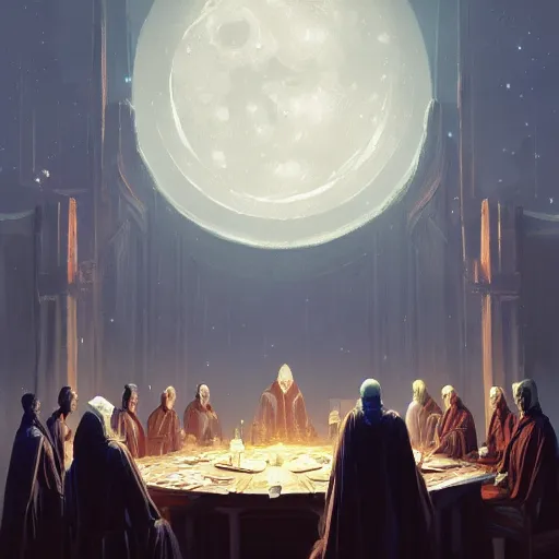 Image similar to A meeting of the council of elders, robed figures sat around a table, beautiful architecture, night time, stars visible, beautiful moon light, concept art, fantasy art, painted by Greg Rutkowski, trending on artstation