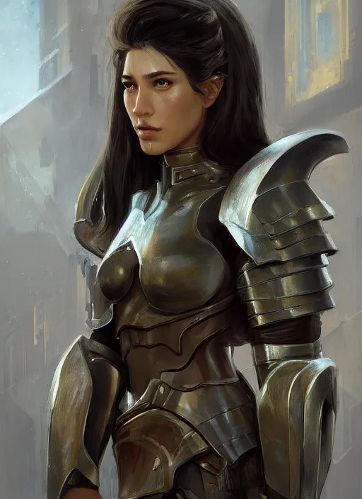 Image similar to a professional painting of a beautiful young female, clothed in military armor, olive skin, long dark hair, beautiful bone structure, symmetrical facial features, intricate, elegant, digital painting, concept art, smooth, sharp focus, illustration, from Knights of the Old Republic, by Ruan Jia and Mandy Jurgens and Artgerm and William-Adolphe Bouguerea