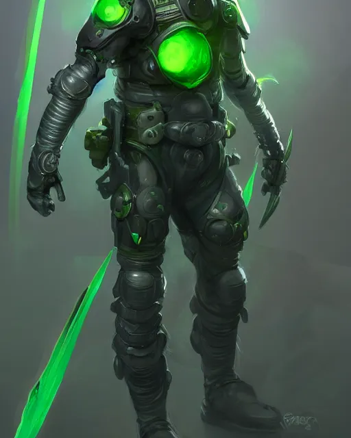 Image similar to concept art of a futuristic warrior, large tubes, green crystals in arms, futurstic sleek gas mask, full body | | epic - fine - fine details by stanley artgerm lau, wlop, rossdraws, and sakimichan, trending on artstation, brush strokes