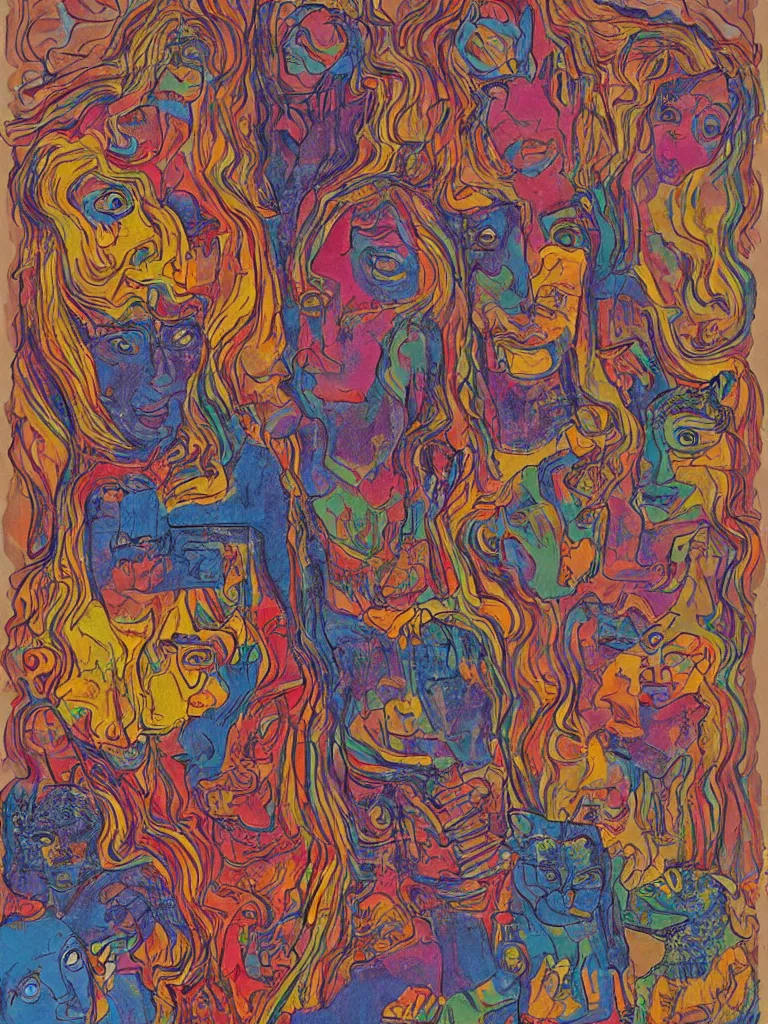 Prompt: Three Women and Three Cats, a psychedelic artwork by Alton Kelley