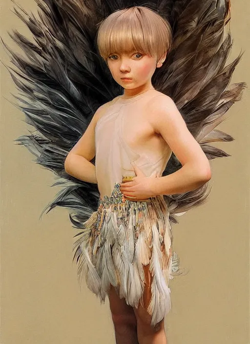 Image similar to little girl with an eccentric haircut wearing an dress made of feathers, artwork made by ilya kuvshinov and donato giancola