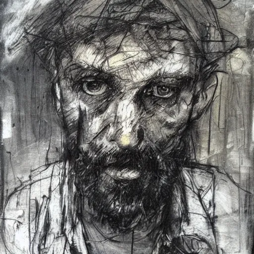 Image similar to portrait of a homeless man by guy denning