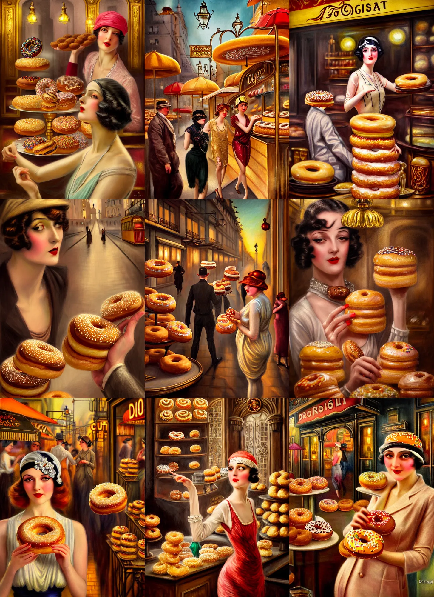 Prompt: Ultra realistic 1920s Neo Rococo Expressionist, Ultra realistic 1920s orientalism, diffuse lighting, fantasy, intricate, elegant, highly detailed, lifelike, photorealistic, digital painting, artstation, illustration, concept art, smooth, sharp focus, Ultra realistic The City of Lisbon in a doughnut shop women are throwing food around and making a mess in public, art by John Collier and Albert Aublet and Krenz Cushart and Artem Demura and Alphonse Mucha