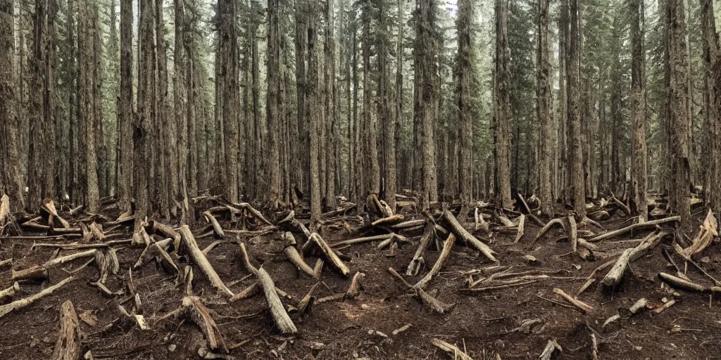 Image similar to photo of a wide clear - cut forest, tree stumps as far as the eye can see, sad, depressing hills, pacific northwest