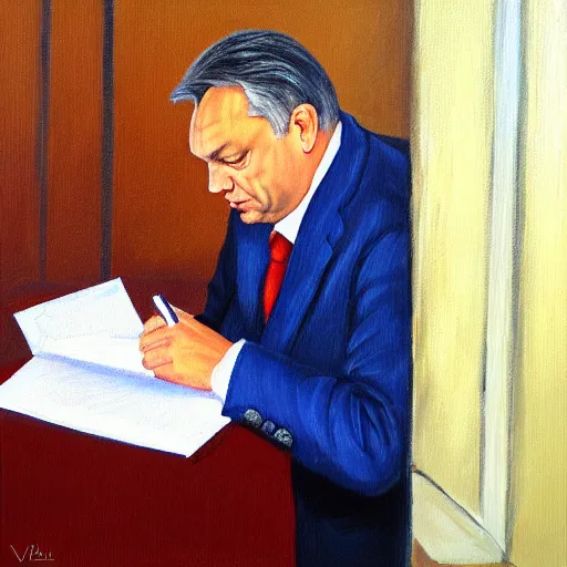 Image similar to viktor orban doing paperwork in a cubicle, oil painting