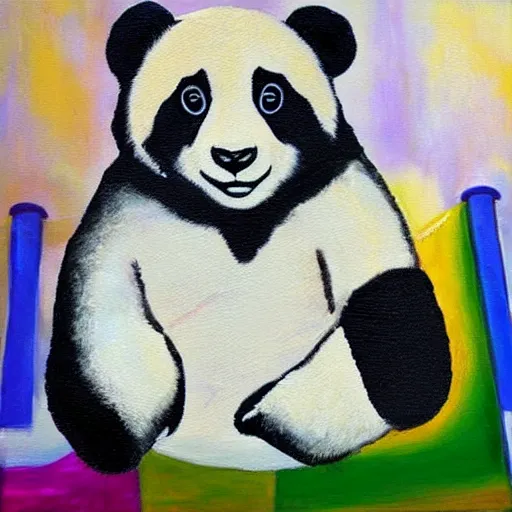 Image similar to beautiful acrylic! impasto! painting of a sad, crying panda bear on a playground swing