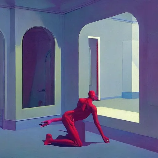 Prompt: Inside a mirror room, very coherent, painted by Edward Hopper, Wayne Barlowe, painted by James Gilleard, airbrush, art by JamesJean