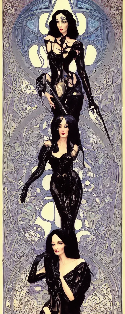 Image similar to beautiful enticing cyberpunk art nouveau style portrait of morticia adams as a chic street soldier by chris achilleos, moebius, olivia de bernardinis and alphonse mucha, photorealism, extremely hyperdetailed, perfect symmetrical facial features, perfect anatomy, ornate declotage, latex, weapon, high technical detail, confident expression, wry smile