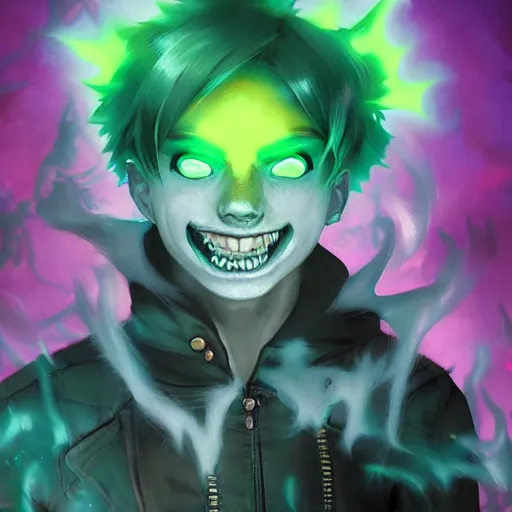 Image similar to Young Danny phantom with glowing green eyes and sharp teeth fangs alt art fashion punk, art by WLOP and Charlie Bowater and WLOP and Mark Arian and Ross Tran + neon colors, symmetry,A digital matte intricate illustration concept art , intricate complexity, epic composition, magical atmosphere, highly detailed, cinematic lighting + masterpiece, trending on artstation + 8k