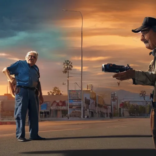 Image similar to a still frame of the movie'jose mujica : mall cop ', dramatic light, action scene, sunset, high detail, sharp, directed by steven spielberg, digital art, trending on artstation