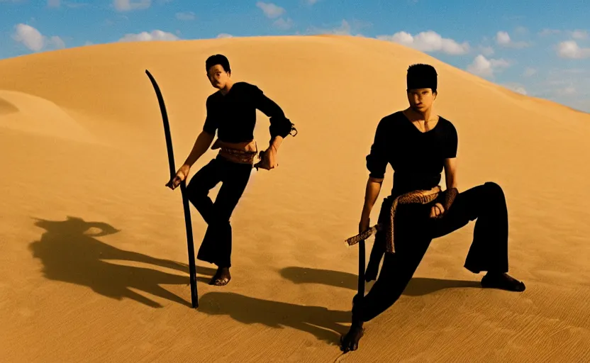 Image similar to roronoa zoro in sand dunes, photography